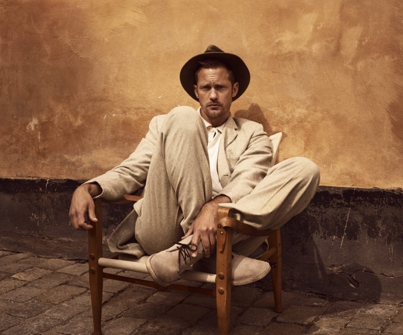 Embracing neutrals, Alexander Skarsgård dons desert boots for Clarks' fall-winter 2019 campaign.