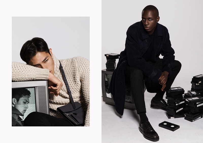 Left: Dung sports an open-weave turtleneck sweater with a leather bag by BOSS. Right: Dressed in black, Enoch showcases fall-winter 2019 style from BOSS.