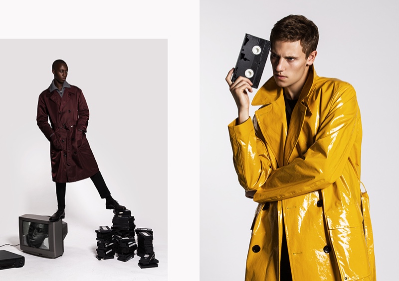 Left: Enoch stands out in a burgundy trench by BOSS. Right: Anton rocks a yellow BOSS coat.