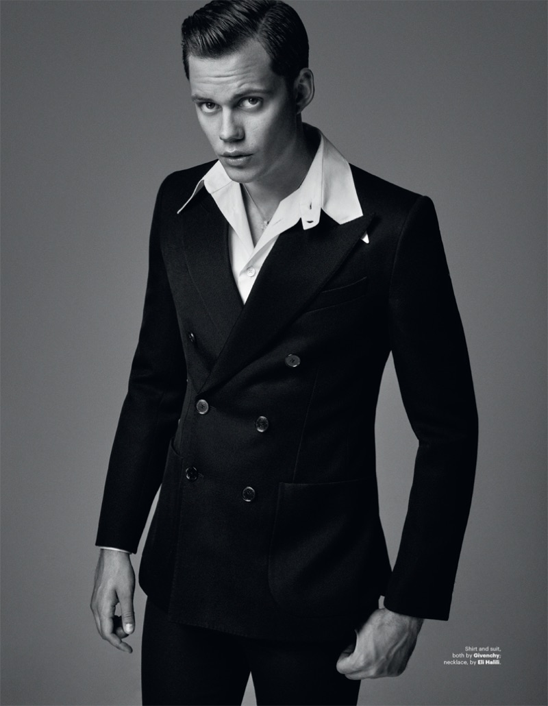 A sharp vision, Actor Bill Skarsgård sports a shirt and double-breasted suit by Givenchy.