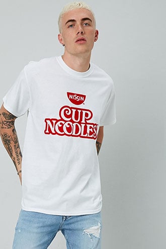 white and red graphic tee