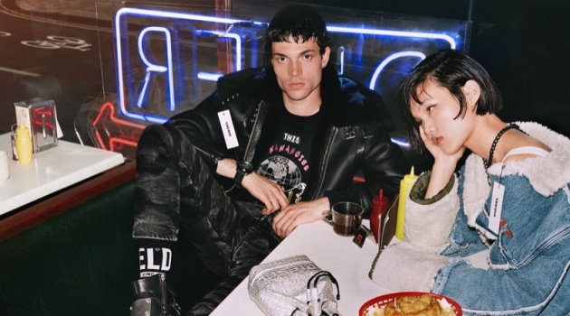 Taking to a diner, Luka Isaac and Haowen Pan appear in Diesel's fall-winter 2019 campaign.