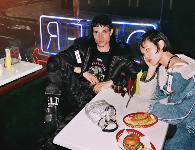 Taking to a diner, Luka Isaac and Haowen Pan appear in Diesel's fall-winter 2019 campaign.