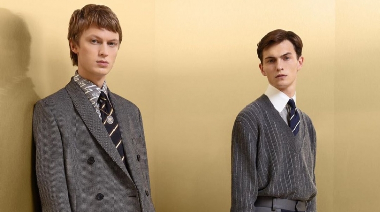 Jonas Glöer and Luc Defont-Saviard sport grey looks from Fendi's fall-winter 2019 collection.