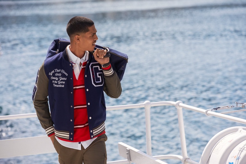 Sporting a varsity jacket, Geron McKinley stars in Gant's fall 2019 campaign.