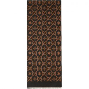 Gucci Brown and Grey Jacquard Bees and Stars GG Scarf Gucci Brown and Grey Jacquard Bees and Stars GG Scarf
