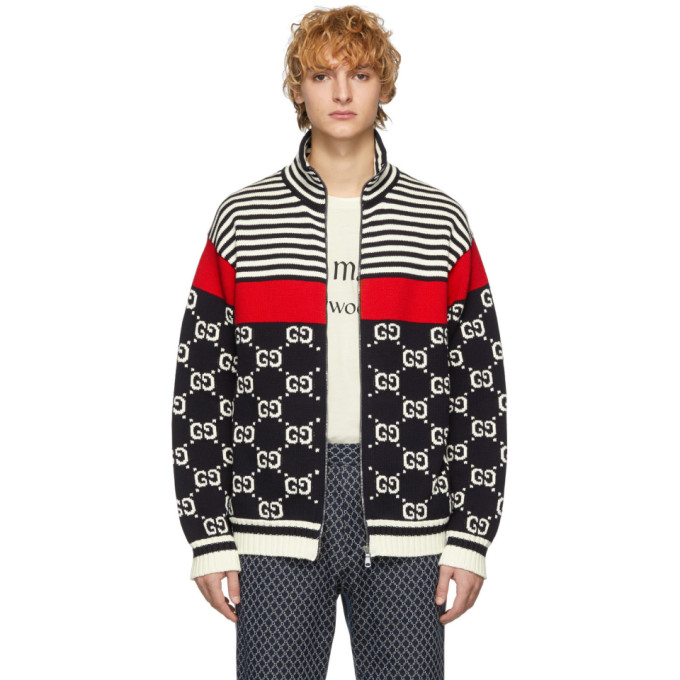 Gucci Navy and Off-White Knit GG Stripe Zip-Up Jacket | The Fashionisto