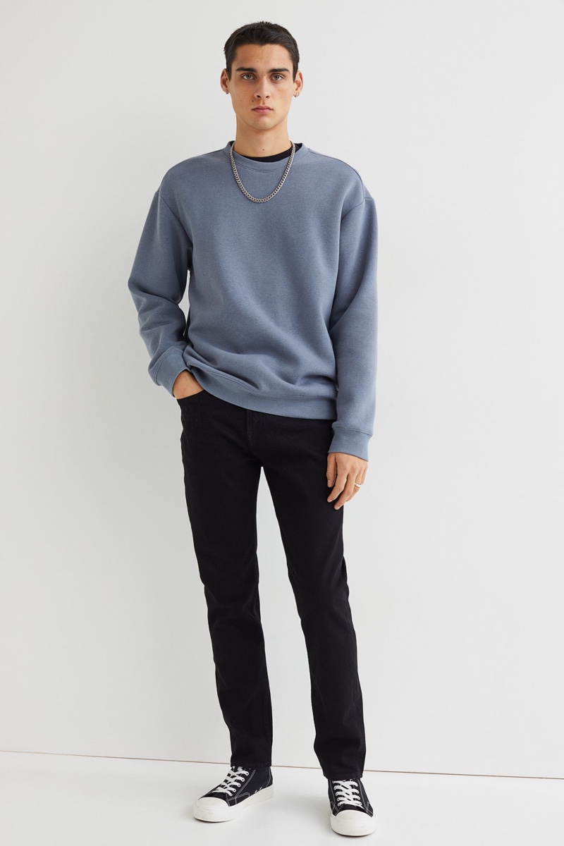 H&M Slim Jeans Men Black Sweatshirt Model