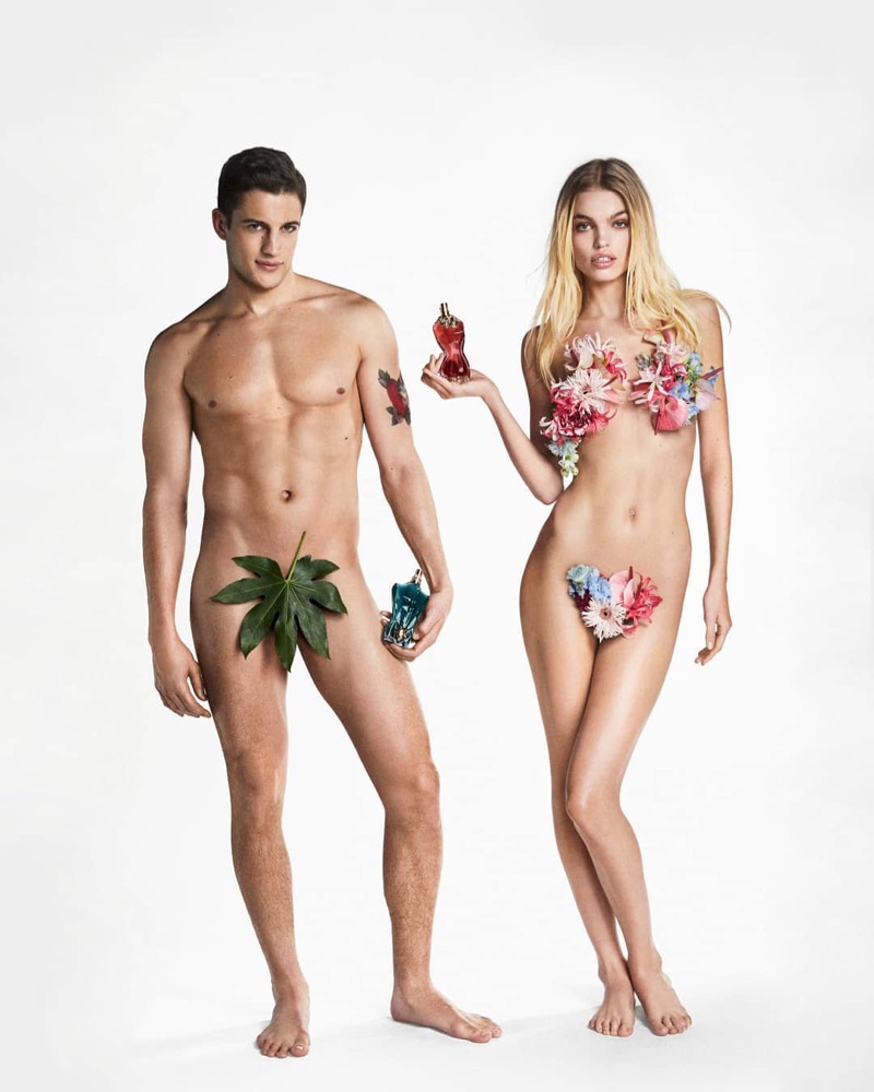 Jean Paul Gaultier Le Beau 2019 Fragrance Campaign 003 Posing with bottles of Le Beau and La Belle, Chris Bunn and Daphne Groeneveld go naked.