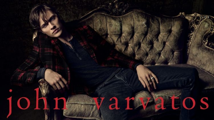 Lucky Blue Smith dons a tartan blazer with a henley and skinny jeans for John Varvatos' fall-winter 2019 campaign.