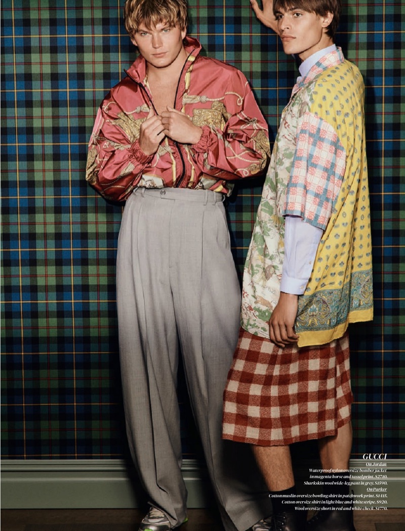 Embracing quirky style, Jordan Barrett and Parker van Noord wear Gucci.