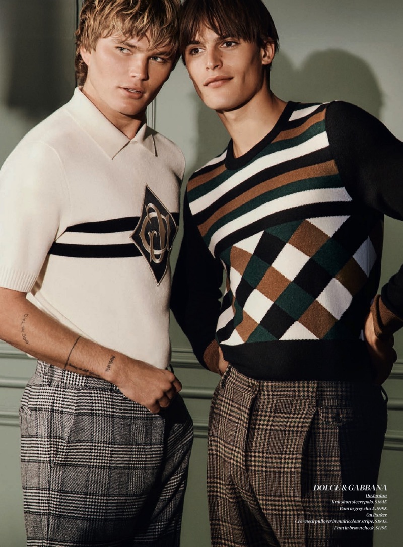 Italian style is front and center as Jordan Barrett and Parker van Noord wear Dolce & Gabbana.