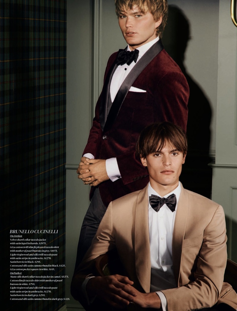 Going formal, Jordan Barrett and Parker van Noord don tuxedos by Brunello Cucinelli.