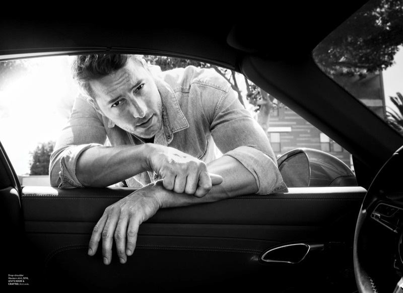 Justin Hartley sports a denim shirt by Levi's Made & Crafted for DuJour magazine.