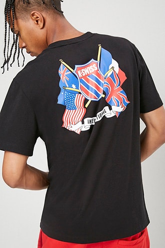 black red and blue graphic tee