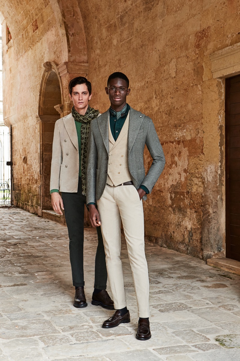 Models Jakob Wiechmann and Paco Diouf sport fashions from L.B.M. 1911's fall-winter 2019 collection.