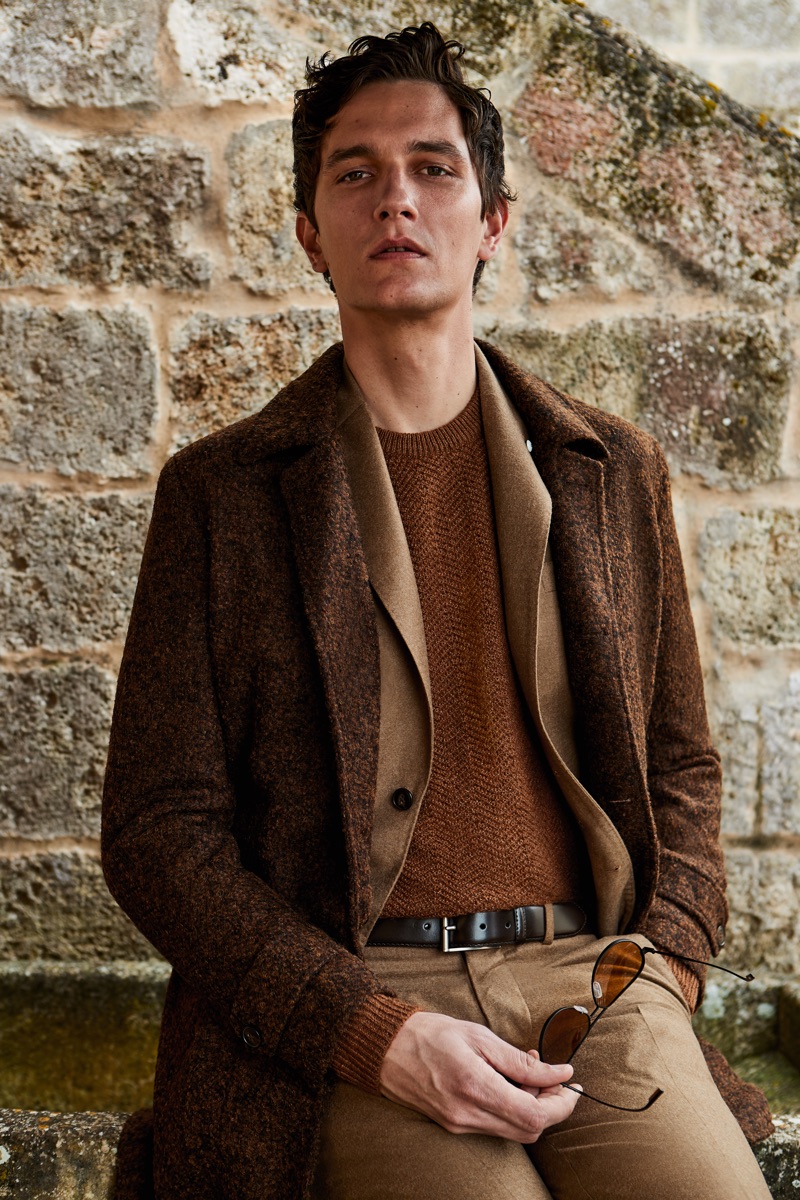 Embracing rich brown autumnal hues, Jakob Wiechmann dons a look from L.B.M. 1911's fall-winter 2019 collection.