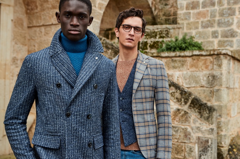 Sporting sleek style, Paco Diouf and Jakob Wiechmann wear looks from L.B.M. 1911's fall-winter 2019 collection.