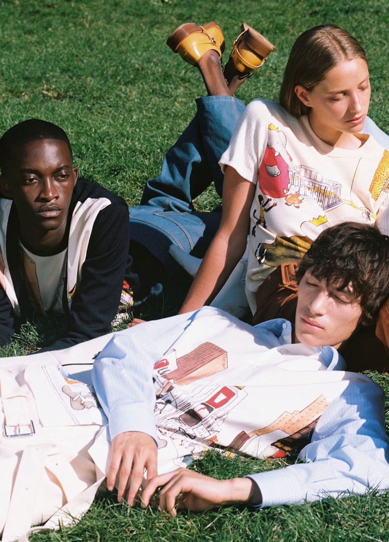 Models Cheikh Kebe and Eliot Moles le Bailly wear fashions from Lanvin's Babar collection.