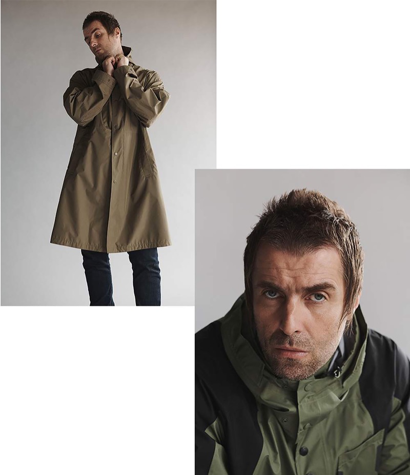 Left: Liam Gallagher wears a Helmut Lang hooded parka and Acne Studios jeans. Right: Gallagher rocks a hooded jacket by The North Face.