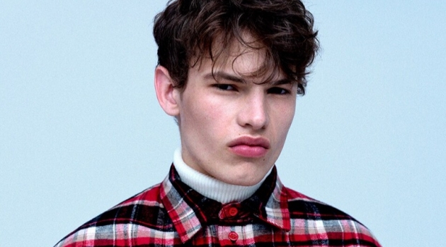 Louis Gockenjan Models Fall Style in 'The Beauty of Psychodrama' Front and center, Louis Gockenjan wears a Balenciaga checked flannel shirt $1,450 and Bottega Veneta turtleneck sweater $980.