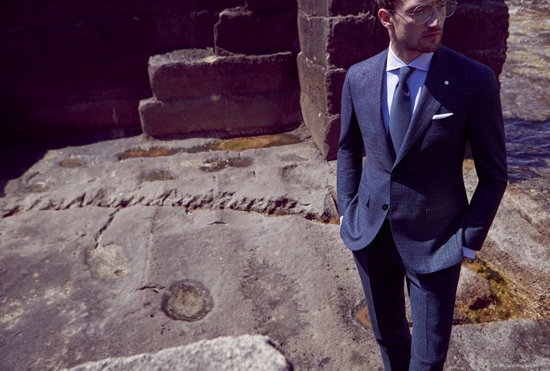 Sporting a blue suit, Jacob Coupe fronts Luigi Bianchi Mantova's fall-winter 2019 campaign.