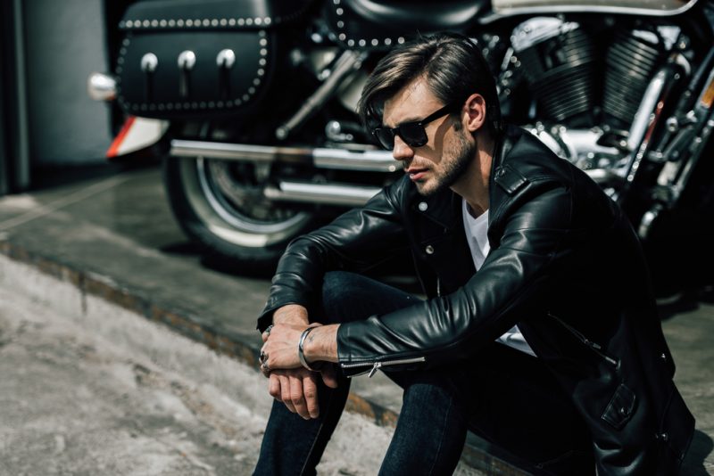 Male Model Leather Jacket Motorcycle Sunglasses