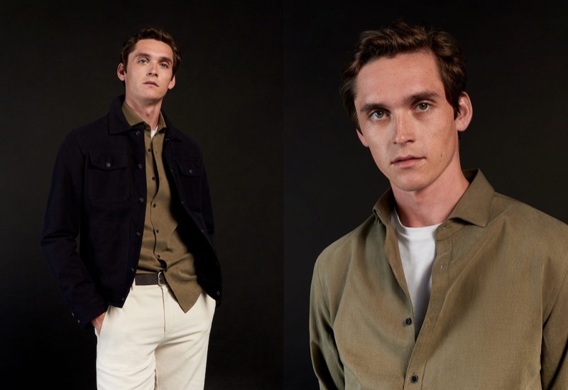 Anders Hayward models neutral-colored fashions for Mango.