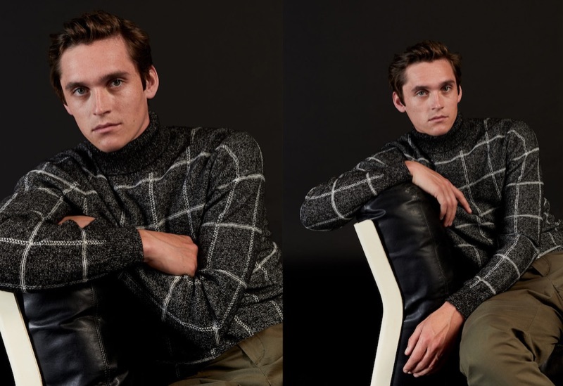 Front and center, Anders Hayward dons a checked sweater by Mango.