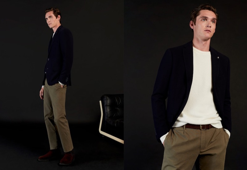 Donning modern tailoring, Anders Hayward wears Mango.