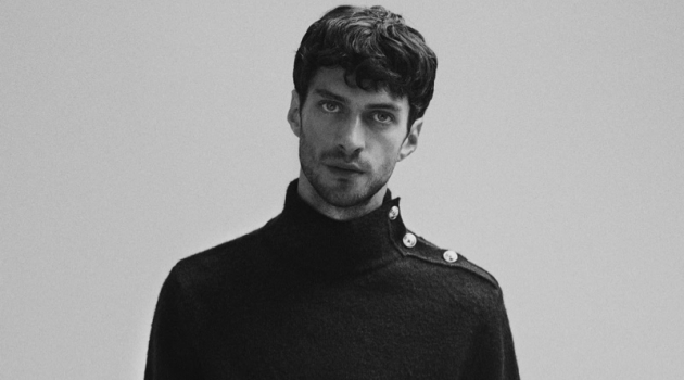 Matthew Bell Models 'Forever Classics' for Scotch & Soda Front and center, Matthew Bell dons a turtleneck sweater with striped chinos $145 from Scotch & Soda.