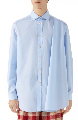 Men's Gucci Pleated Stripe Button-Up Shirt, Size 46 EU - Blue Men's Gucci Pleated Stripe Button-Up Shirt, Size 46 EU - Blue