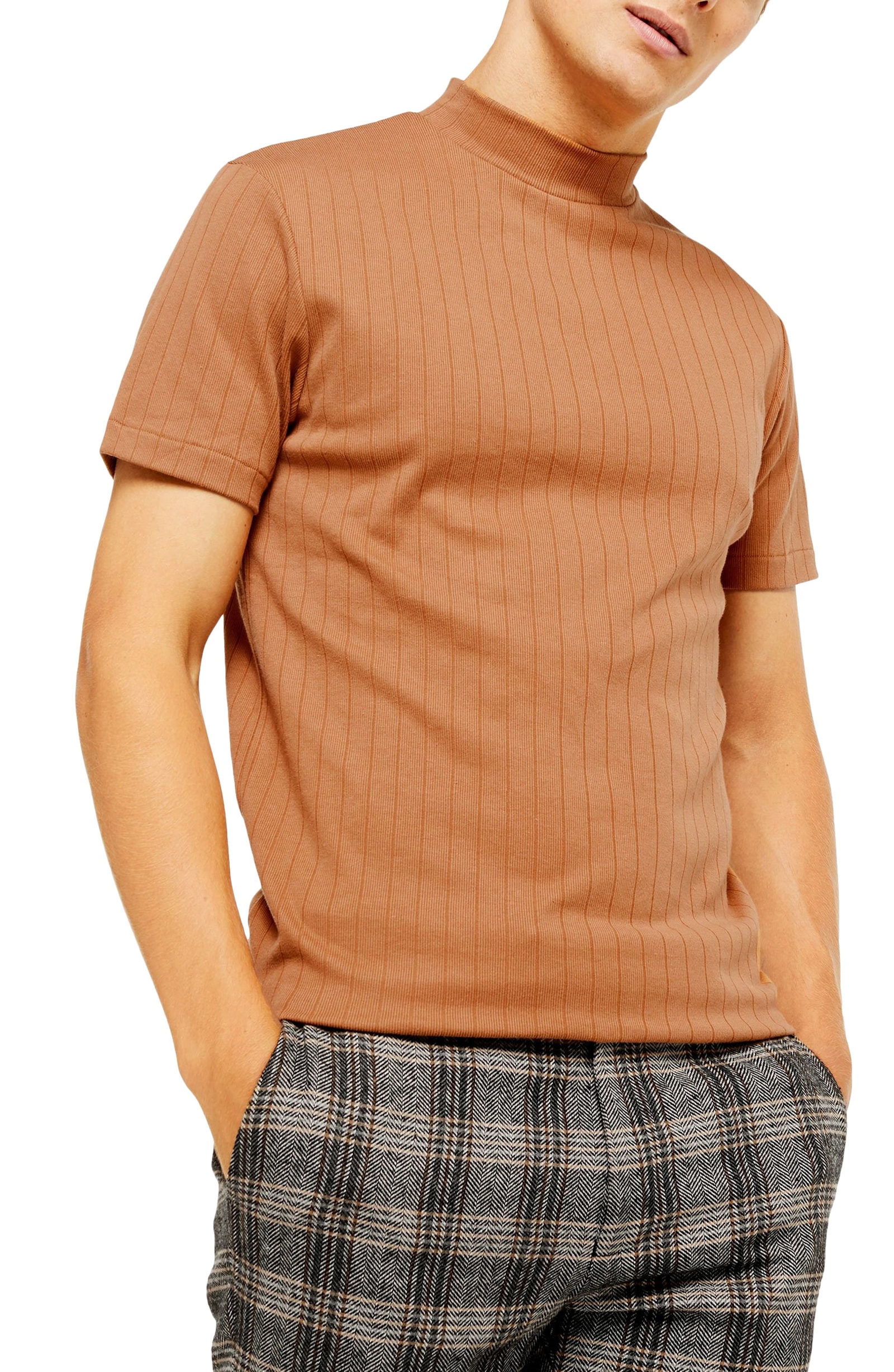 Men’s Topman Classic Fit Ribbed Mock Neck T-Shirt, Size Large – Brown ...