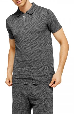 Men's Topman Prince Of Wales Check Classic Fit Zip Polo, Size Small - Grey Men's Topman Prince Of Wales Check Classic Fit Zip Polo, Size Small - Grey