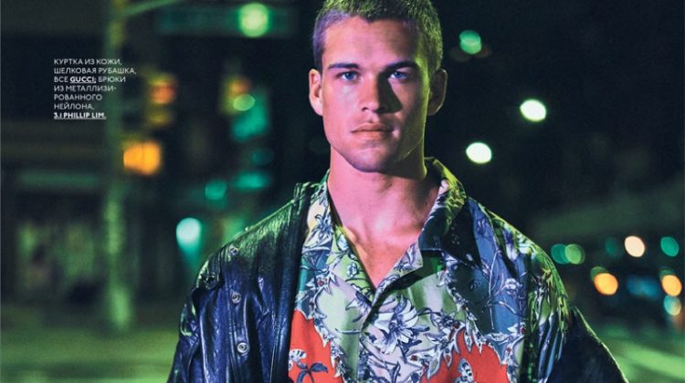 Mitchell Slaggert Embraces a Neon Night for GQ Russia