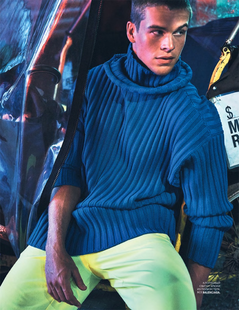 Mitchell Slaggert Embraces a Neon Night for GQ Russia