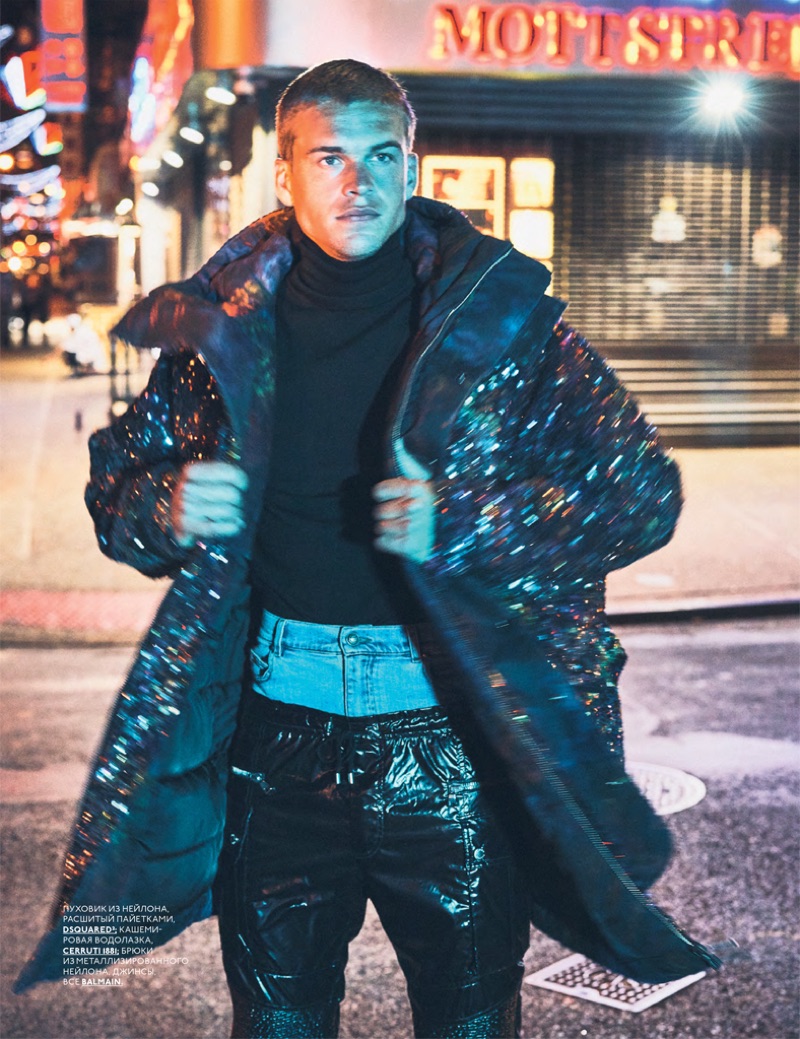 Mitchell Slaggert Embraces a Neon Night for GQ Russia