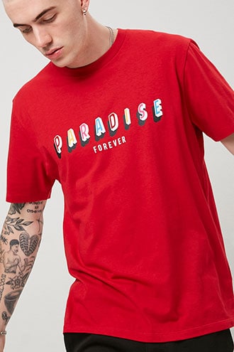 red graphic tee shirt