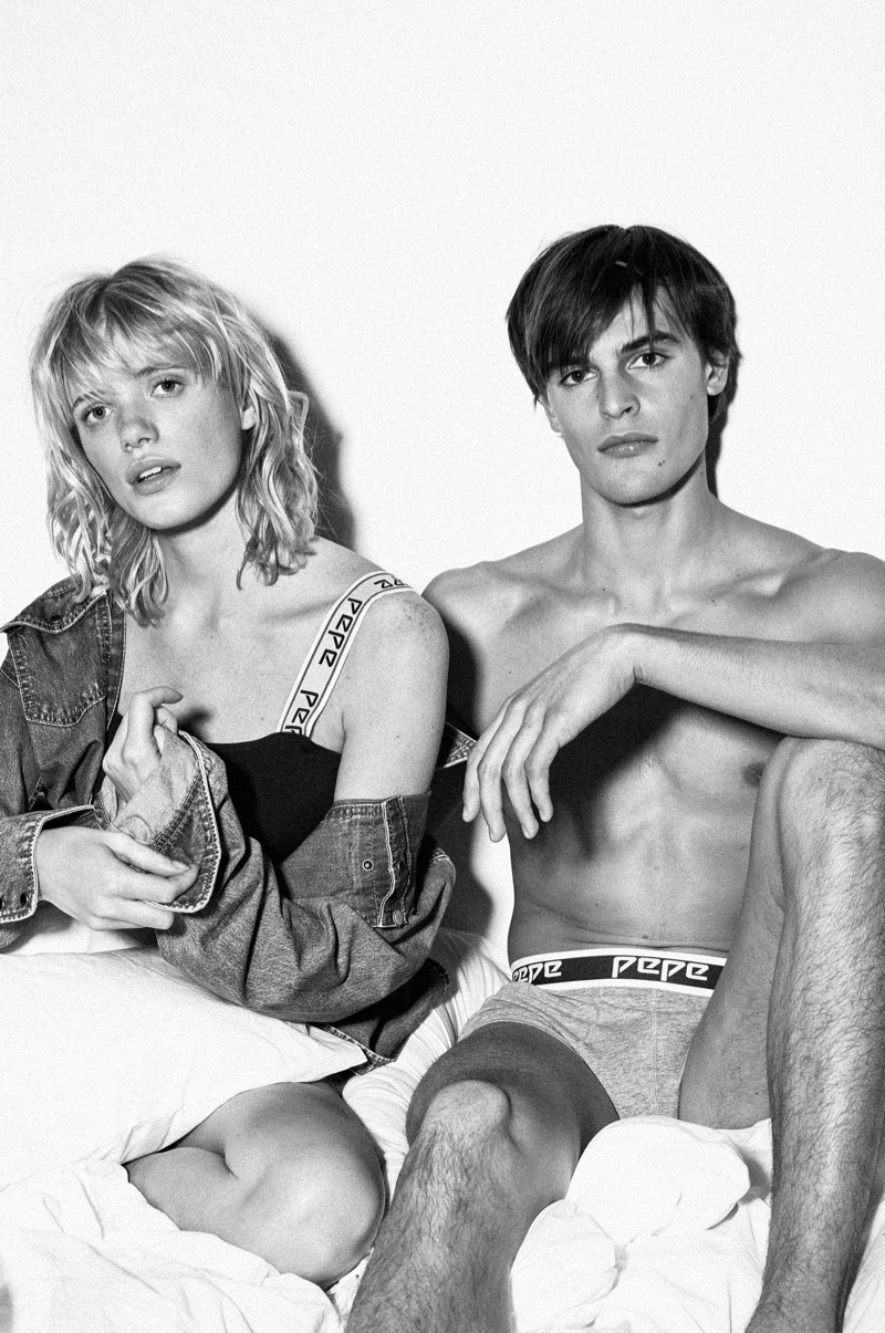 Roos Louwers and Parker van Noord appear in a black and white image for Pepe Jeans underwear.