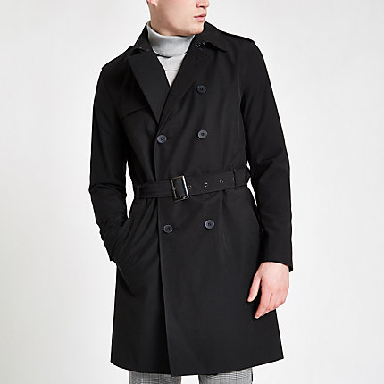 River Island Mens Black double breasted belted trench coat | The ...