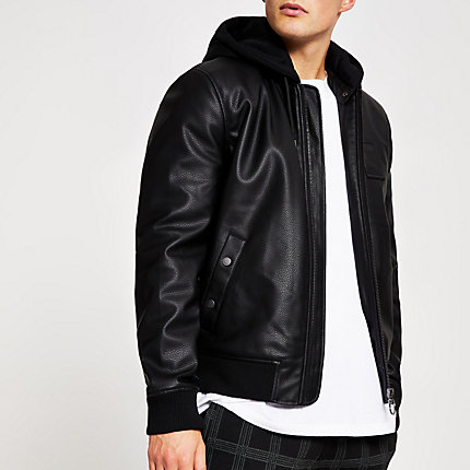 river island faux leather straight leg pants in black