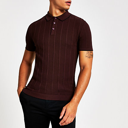 River Island Mens Dark red knitted stitch muscle fit polo shirt | The ...
