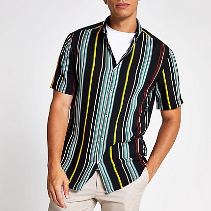 River Island Mens Green stripe slim fit short sleeve shirt | The ...