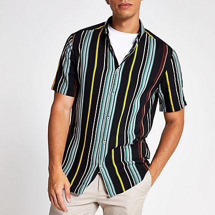 River Island Mens Green stripe slim fit short sleeve shirt | The ...