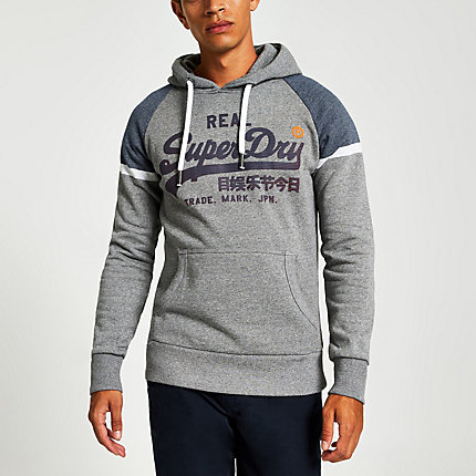superdry hoodie chest river grey mens island
