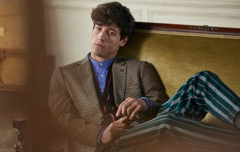 Nicolas Ripoll dons printed tailoring from Scotch & Soda's fall 2019 collection.