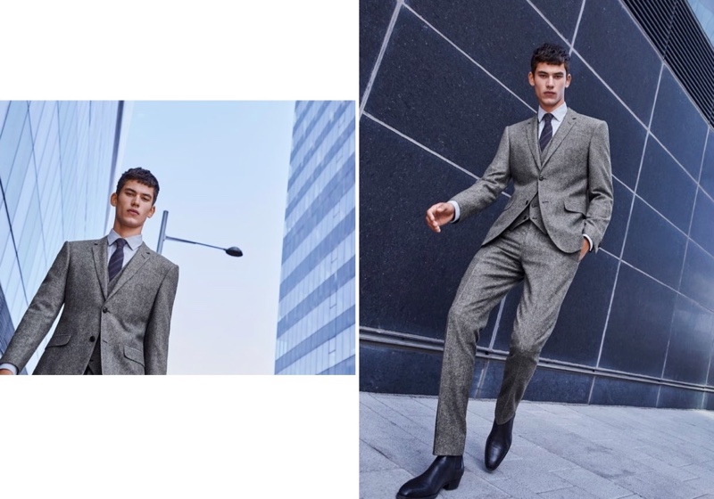 Finn Hayton sports a sleek grey suit from Simons.