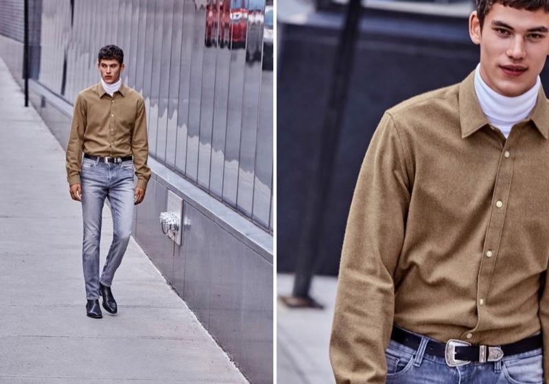 A smart vision, Stepping out, Finn Hayton wears a button-down shirt with a turtleneck and jeans from Simons.