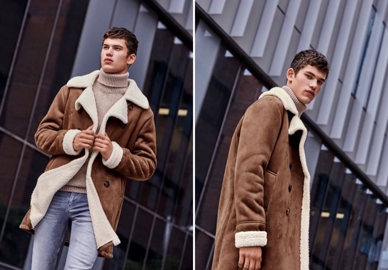 Embracing fall style, Finn Hayton models a brown shearling coat with a turtleneck sweater and distressed jeans from Simons.