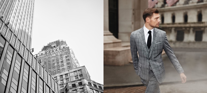 Donning a grey window pane suit, Stefan Pollmann appears in Strellson's fall-winter 2019 campaign.